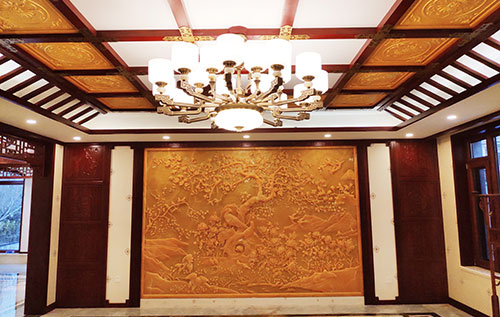 休宁中式别墅客厅中式木作横梁吊顶装饰展示